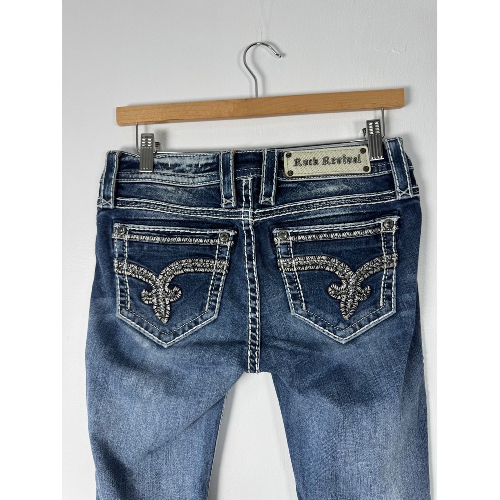 Y2K Rock Revival Womens 25 Nancy Bootcut Jeans Blue Embellished Frayed E8536M85X - Picture 12 of 14